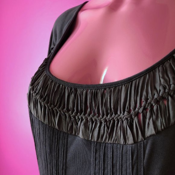 Max Azria 00s S Midi Dress Navy Blue Jersey Pin Tuck Woven Ribbon Drawstring Hem - Picture 2 of 13